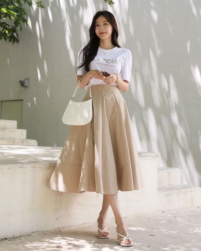 Knielengte Beige Flared Rok