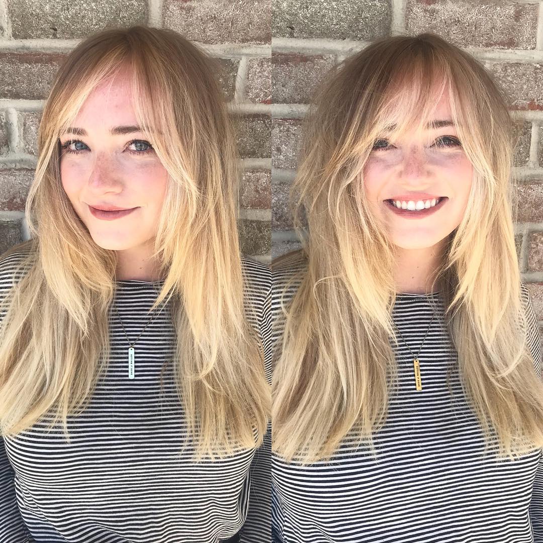 Lange Shaggy Bronde Kapsel Met Bangs