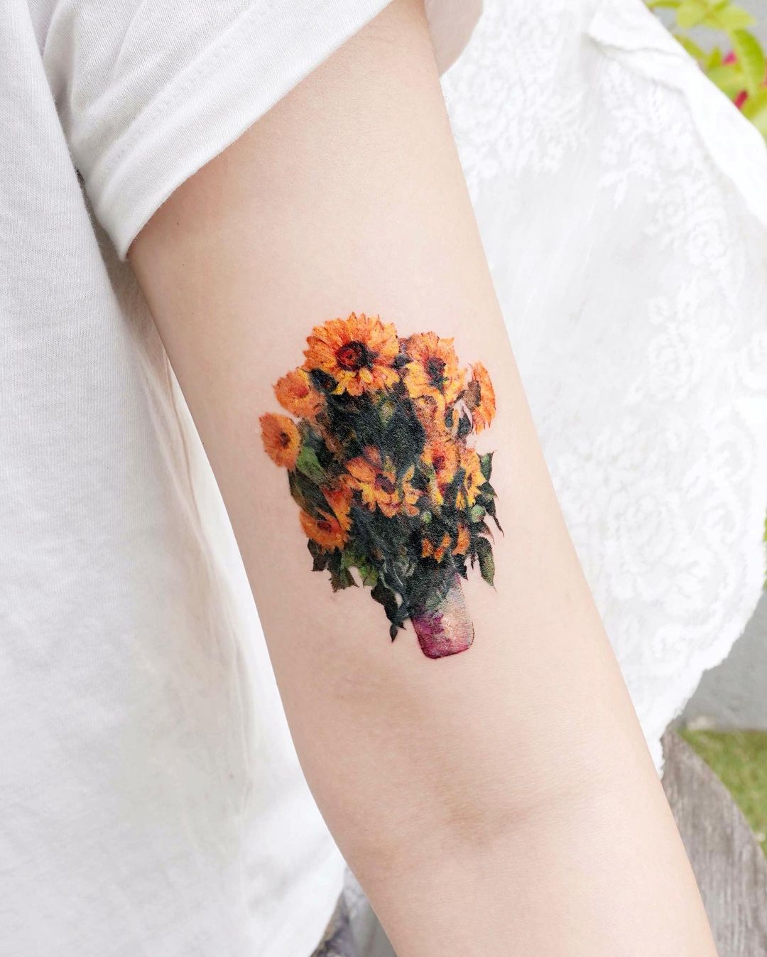 Kleur Zonnebloem Tattoo op Arm