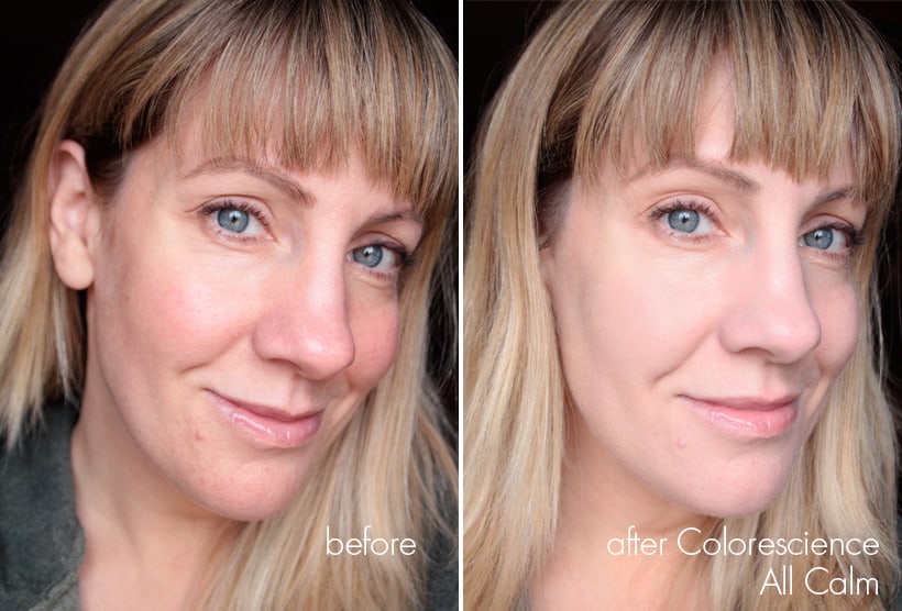 Een voor en na collage afbeelding van een vrouw die Colorescience All Calm™ Clinical Redness Corrector SPF 50 aanbrengt