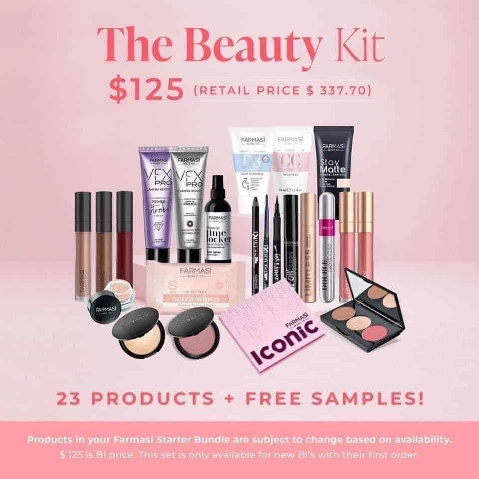 Farmasi beauty kit met producten zoals lippenstift, oogschaduw, primer, foundation, etc.