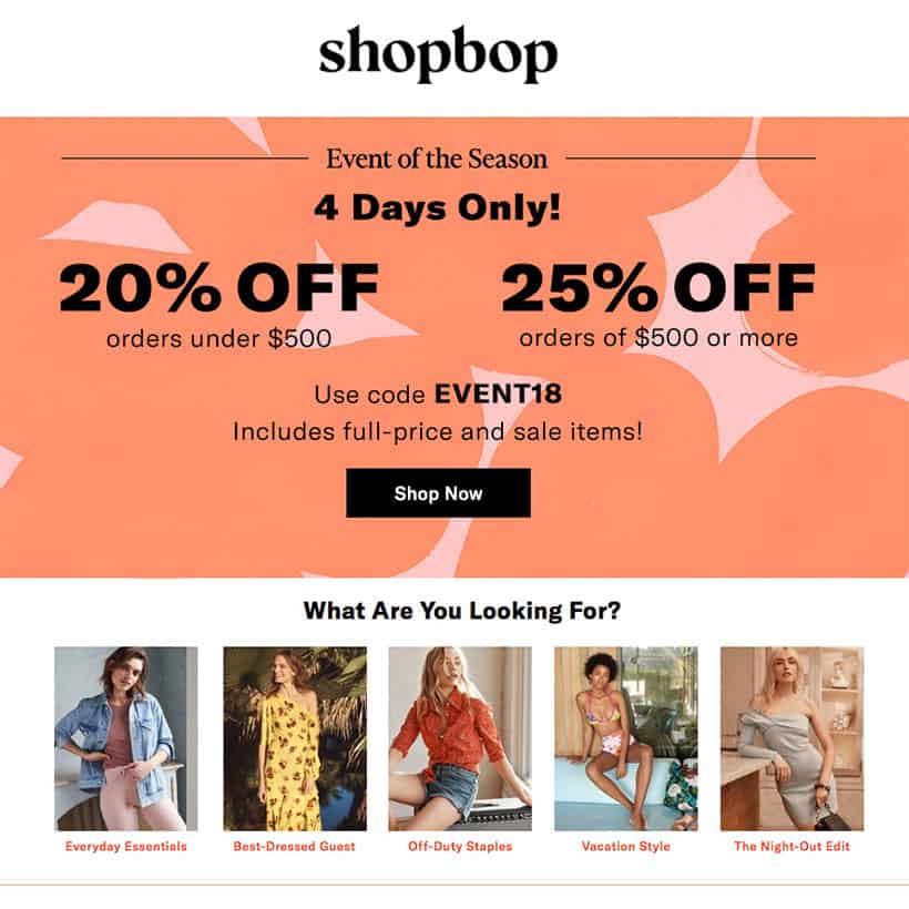 Details voor de Spring Fashion Sale op Shopbop